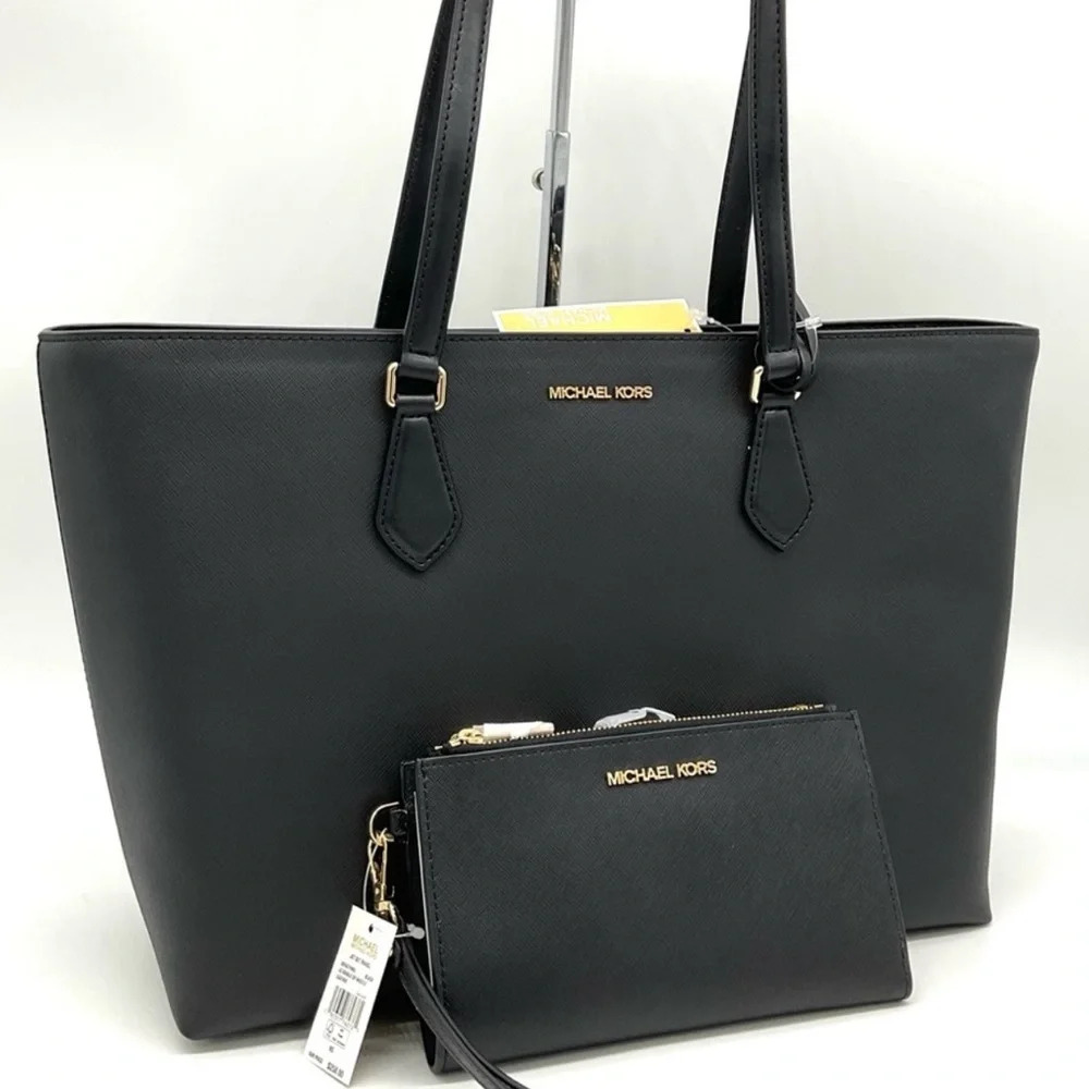 Michael Kors Bag Large Sheila Mf Tote Bag & Large Double Zip Wallet Black/Gold - Picture 3 of 15